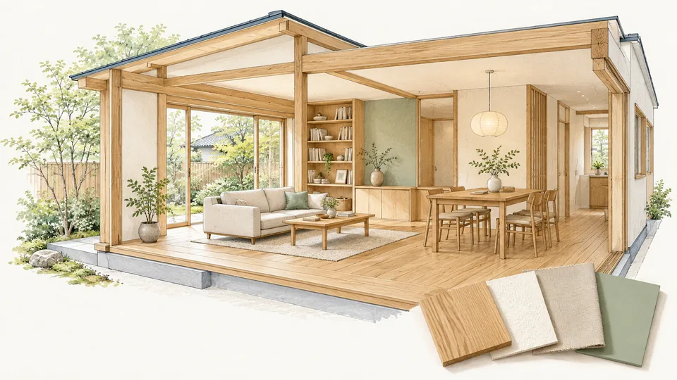 木の床と家具、庭に向く窓のある室内と、木・白壁・布・淡い緑の素材見本を描いた改修のイメージイラスト